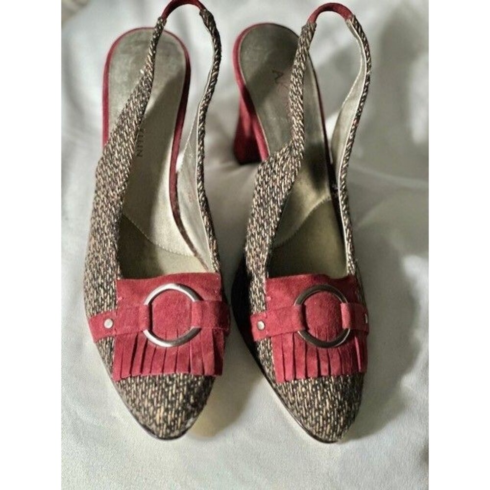 AK Anne-Klein NWOT Vintage Medieval Velvet Woven Tweed Slingback Heel Shoes 7.5